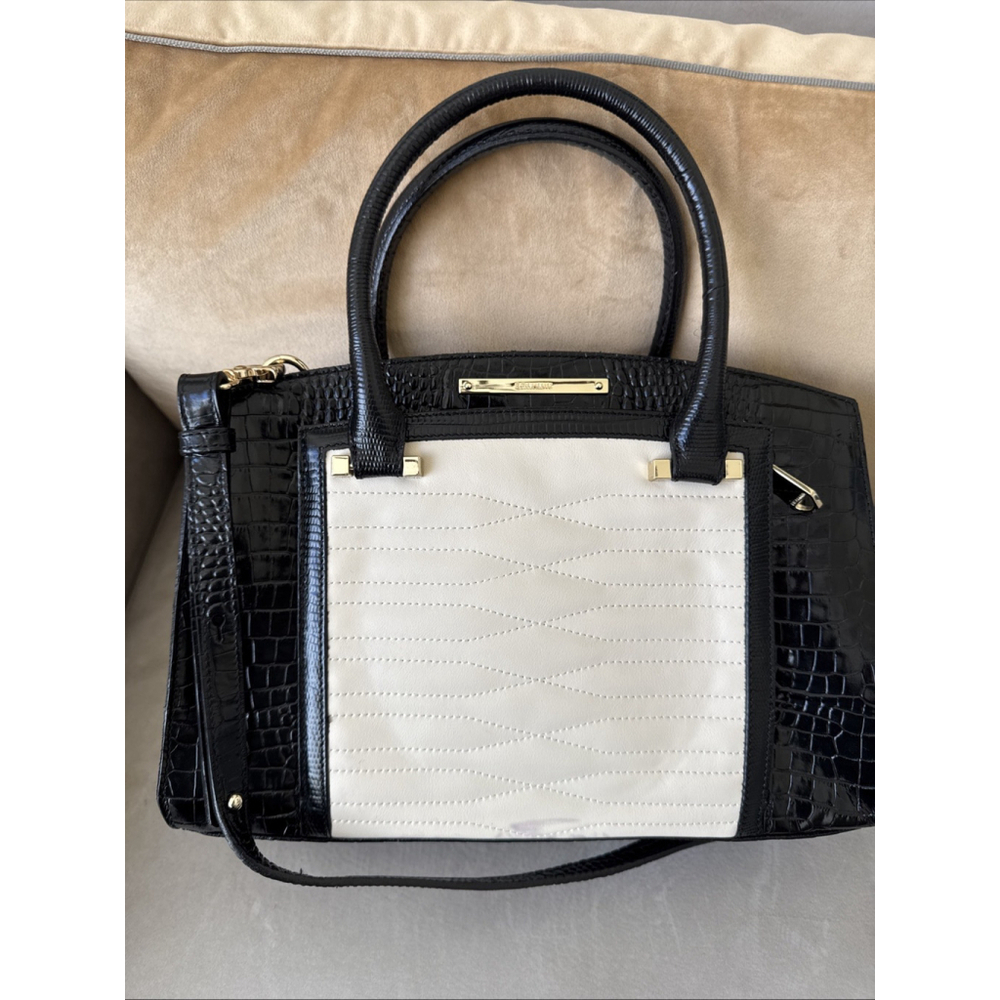 Brahmin Greta Large Creme Black Croc Embossed Leather Satchel